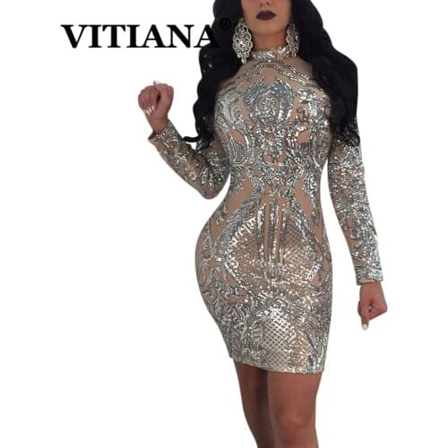 VITIANA Women Sexy Party Mini Dress Club Female Silver Long Sleeve Elegant Bodycon Dresses Femme Sequine Slim Pencil Vestidos