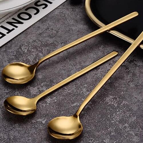 High Quality Retro Style Coffee Stirring Round Head Supplies Handle Golden Steel Spoon Long Square Tableware Bar Head H3C4