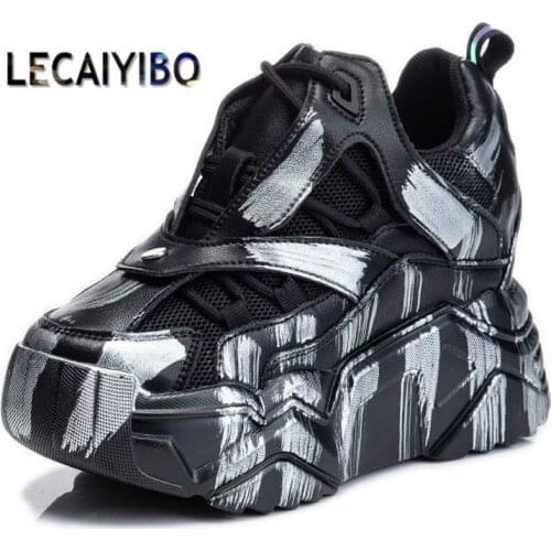 Increasing Height Fashion Sneaker Women Cow Leather Platform Wedge Ankle Boots High Heels Punk Goth Pumps Shoe 34 35 36 37 38 39