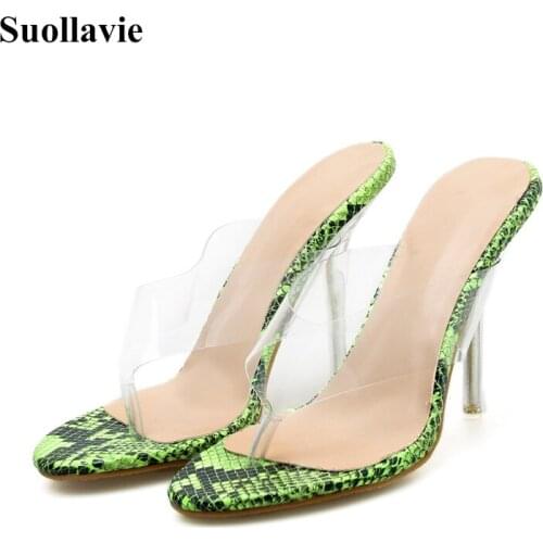 Suollavie 2020 Spring Summer Women PVC Crystal Transparent Peep Toe Slippers Thin Heels Lucite Hollow Sandals Party Shoes