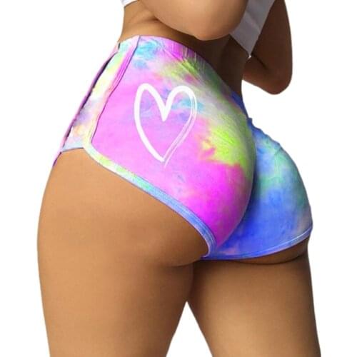 Womens Fitness Yoga High Waist Shorts Neon Rainbow Tie-Dye Heart Print Skinny Micro Hot Pants Sexy Butt Lifting Workout