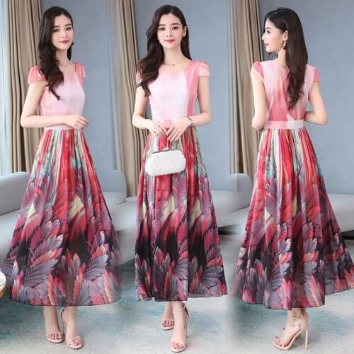 Vestidos 2021 summer new light-colored printed womens long dress temperament was thin long dress waist Women dress JK106