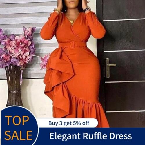 Plus Size Women Autumn Dress Asymmetric Falbala Black Orange Midi Robe Femme Vestiods Office Lady Workwear Elegant African Dress
