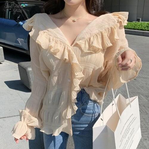 2020 New Autumn Long Sleeve Pleated Puff Chiffon Shirt Women Casual Loose V Neck Cardigan Women Blouse Solid Blusas Mujer 10572