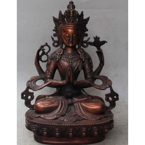 8" 11'' 12" Chinese Bronze 4 Hands 4 Arms Chenrezig Avalokiteshvara Buddha Statue 30cm/28cm/21cm