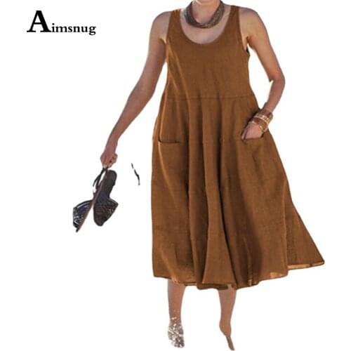 Aimsnug 2021 Summer Knee-Length Dress Women Eleagnt Leisure Casual Beach Dresses with Pocket Plus Size Ladies A-Line Dress Femme