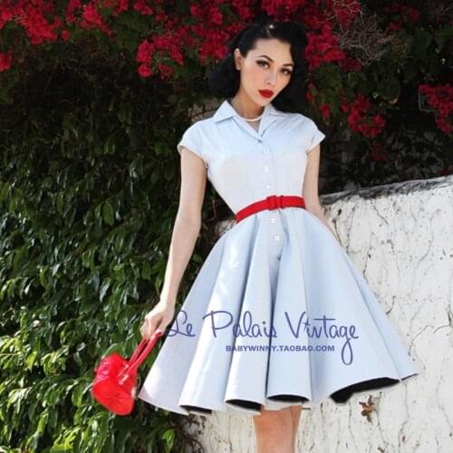 FREE SHIPPING Le palais limited edition vintage elegant light blue stripe buttons slim one-piece dress