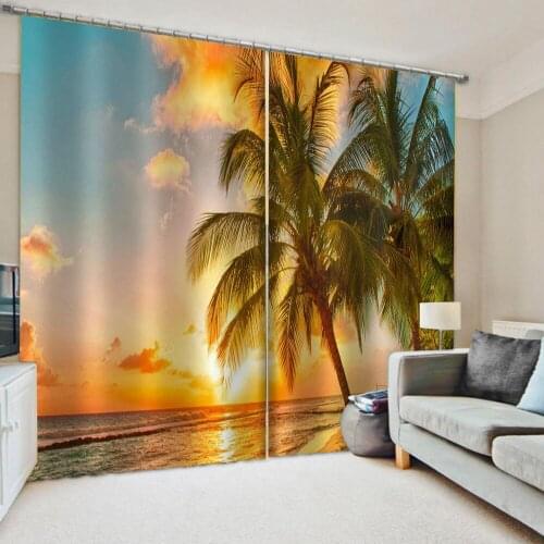 Photo 3d curtains 2Pcs/Set sunset nature scenery beach curtains window curtains for living room bedroom blackout curtains