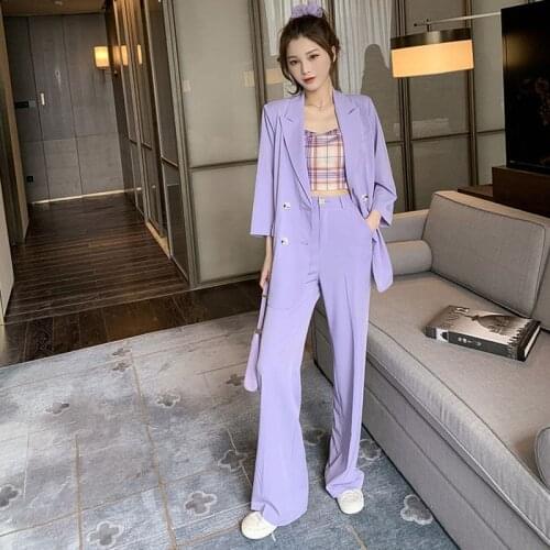 JuneLove Korean Fashion Vintage Casual Loose Women Blazer + High Waist Wide Leg Pants +Tank Suits 3 Pieces Set Office Lady Wear