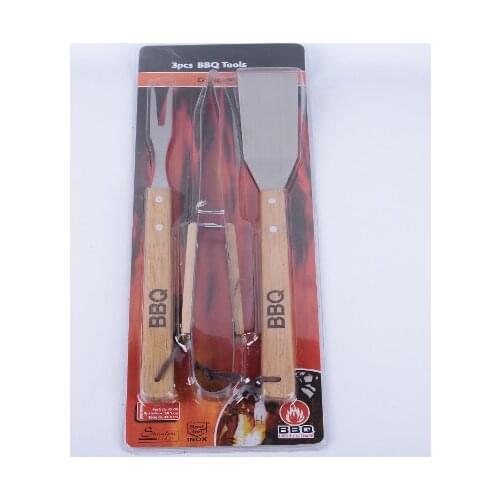Combination of three-piece stainless steel wooden handle fork shovel outdoor barbecue tools