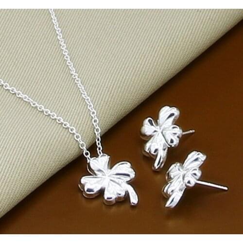 Wedding Jewelry Set 925 Silver Four Leaf clover Necklace Stud Earrings For Women Jewelry Set Gift