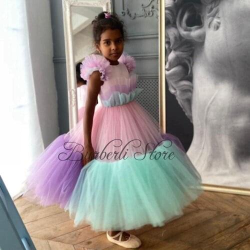 Colorful Puffy Tiered Ruffles Tulle Kids Dress Splicing Long Flower Girl Dress Formal Wear Little Girls Birthday Party Dresses