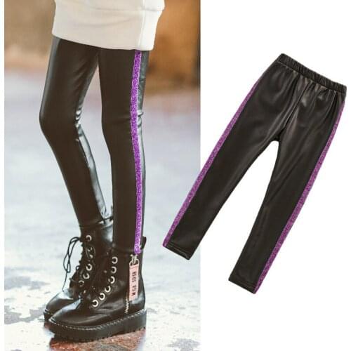 2021 Baby Girls Leggings Kids New Fashion Sequin Leggings Pencil Pants Children Warm Trousers Faux PU Leather Legging Slim Pant