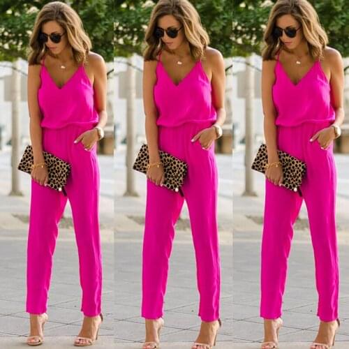 Fashion Solid Color Tunic V-neck Romper Jumpsuit Sexy Sling jumpsuit With Pockets jumpsuit Mujer Women 2020 Summer New Arrival