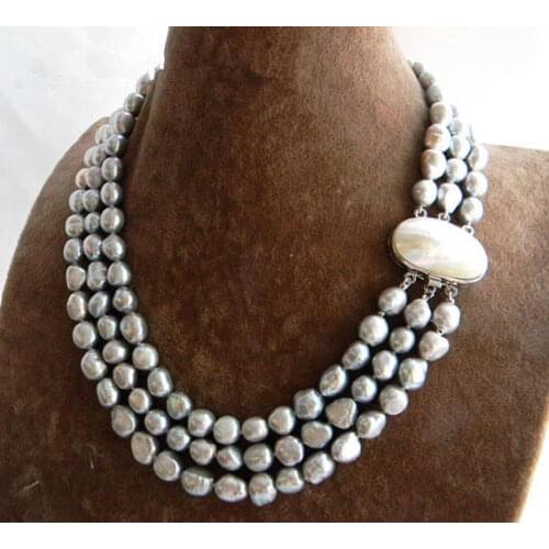 Handmade Natual Pearl Jewellery Gray Color 3 rows 8-9MM Freshwater Pearl Necklace Perfect White Shell Clasp