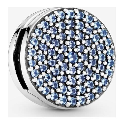 New Fashion Genuine 100% 925 Sterling Silver Bead Round Blue Pave Clip Charm fit Original Pandora Bracelets DIY Women jewelry