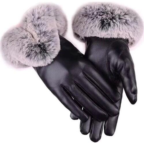Outdoor Winter Women Windproof Touch Screen Warm Faux Leather Full Finger Gloves2020