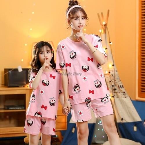 Family Matching Pajamas Sets Mother Daughter Summer Short Sleeve Cotton Pajamas Family Clothing Sets Kids Homewear Girl Sets