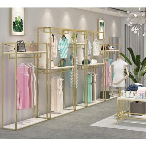 Clothing store display shelf floor-to-floor gold double layer hanging clothes shelf mens and womens clothing store display she
