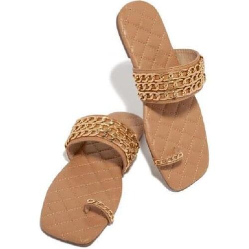 SUNNYS Women Square Toe Metal Chain Slippers Woman Casual Flip Flops Sandals Summer Women Flats Beach Slides Plus Size 43