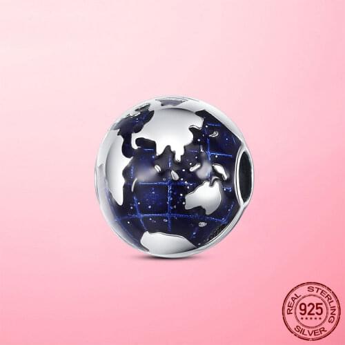 Silver Clip Real 925 Sterling Silver Blue Enamel Earth Planet Dangle Charm Pendant fit Original Pandora Bracelet Silver Jewelry