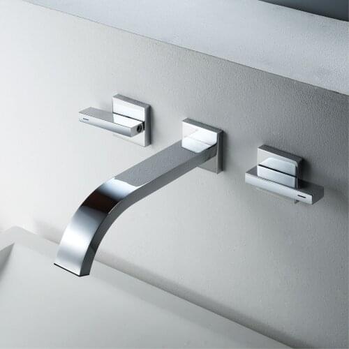 Modern Basin Set 3 hole Chrome Brass Double Handle Wall Mounted Bathroom Sink Faucet Hot Cold Tap In-Wall