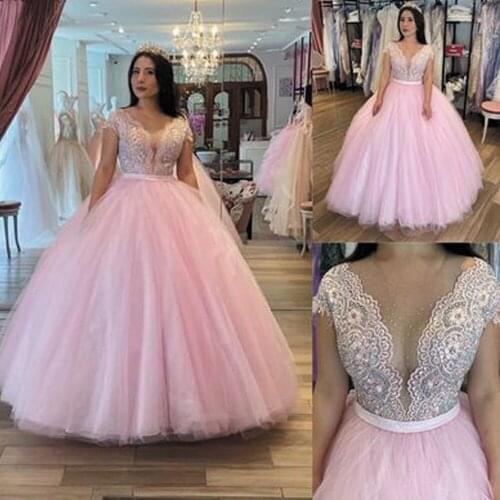 SuperKimJo Vestidos De Fiesta Pink Ball Gown Prom Dresses 2020 Lace Applique Beaded Elegant Sexy Prom Gown 2021 Sweet 16