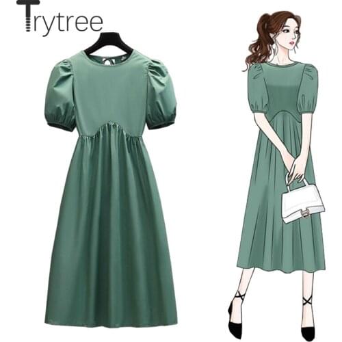 Trytree Summer Women Casual O-neck Dress Solid Fashion Puff Sleeve Backless A-line Vintage Elegant Office Lady Plus Size Dress