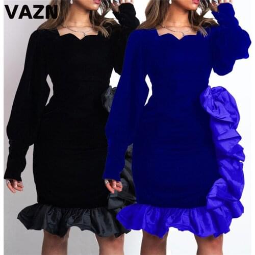 VAZN 2021 New Patchwork Novelty Mermaid Dress Plus Size High-end Sexy Young Sweet Full Sleeve Women High Waist Thin Midi Dress