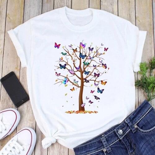 Butterfly Tree T Shirt Women Summer Casual Tshirt Tees Harajuku Korean Style Graphic Tops New Kawaii Short Sleeve Female T-shirt