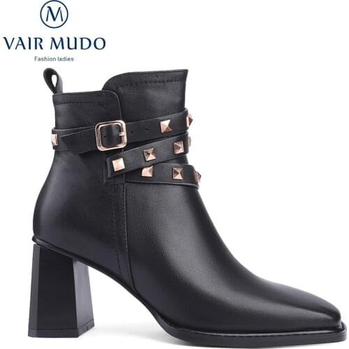 VAIR MUDO Women Ankle Boots Square Toe High Heel Black Autumn Winter Elegant Fashion Women Boots Shoes Female ConciseWM-X241-C