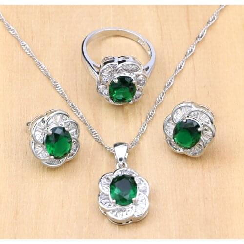 Oval Green Cubic Zirconia White CZ 925 Sterling Silver Jewelry Sets Accessories Women Earrings Pendant Necklace Rings T028