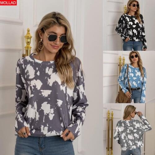 2021 European and American Real Shot Womens Tie-Dyed Printed Long-Sleeved Knitted Sweater Sweater