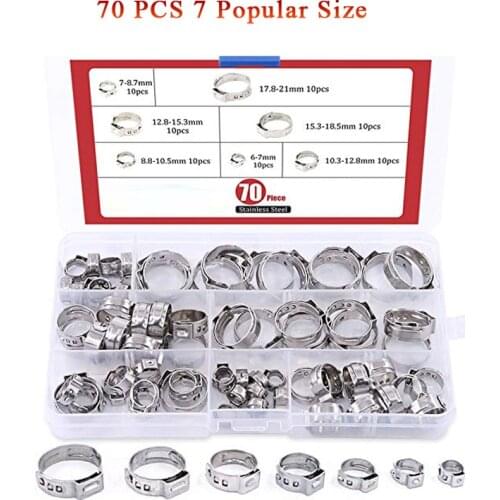 Free shipping Pipe Clamp High Quality 70Pcs 7-21mm 304 Stainless Steel Single Ear Stepless Hose Clamps Assortment Kit