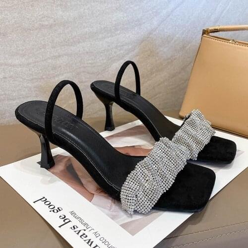 2021 Summer Iadies Black High Heel Sandals Iuxury Party Rhinestone Stiletto High Heel Square Toe Sandals Iadies Party Shoes