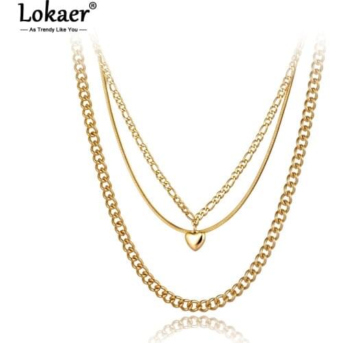 Lokaer Bohemia Style Titanium Stainless Steel Three Layer Heart Pendant Necklace For Women Trendy Chain & Link Necklace N21020