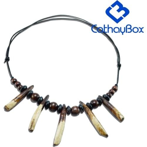 Handmade Cream Tribal Boar Tooth Tusk Wooden Beads Chain Necklace W/ Genuine Leather Cord 02