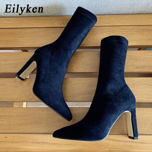 Eilyken Winter Comfortable Flock Stretch Sock Womens Ankle Boots Fashion Pointed Toe Square High Heels Ladies Sexy Pumps Shoes