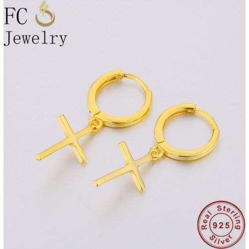 FC Jewelry 925 Sterling Silver Sample Gold Color Faith Christian Cross Bead Pendant Zircon Piercing Hoop Earring For Women 2020