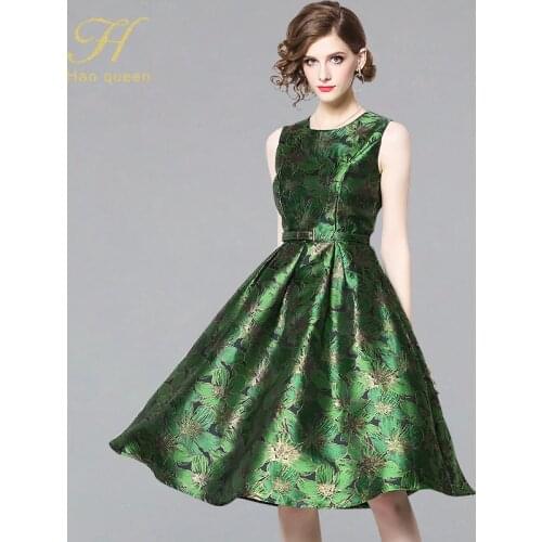 H Han Queen New Arrival 2019 Spring Vintage Sleeveless Jacquard Dress Slim A-Line Party O-neck Knee-length Vestidos