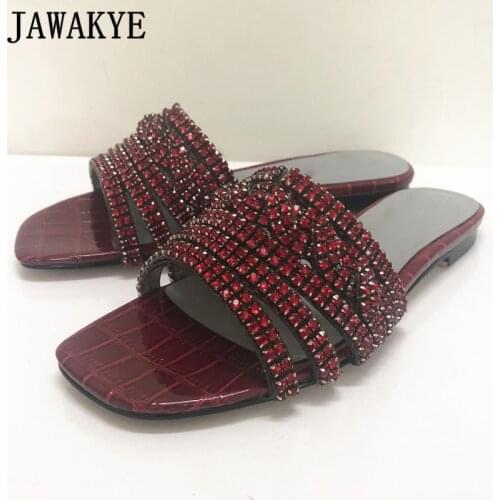 JAWAKYE Hollow Outs Rhinestone Slippers Women Open Toe Beach Flipflops Fashion Crystal Genuine Leather Summer Slides Shoes Woman