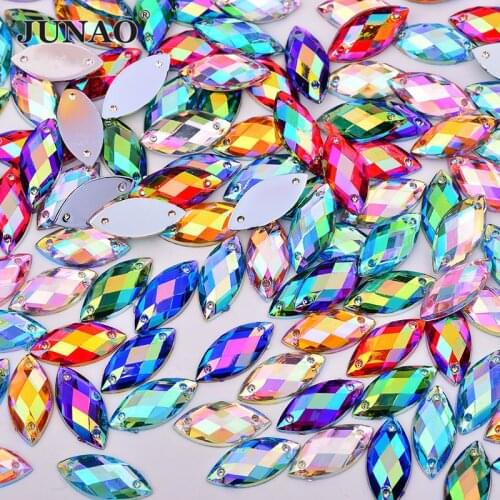 JUNAO 500pcs 7*15mm Sewing Mix Color AB Rhinestones Horse Eye Acrylic Crystal Applique Flatback Stones Sew On Scrapbook Beads