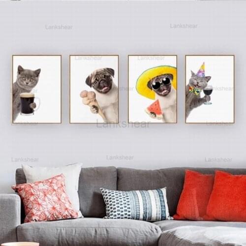Cute Pug Dog and Cat Canvas Painting Wall Art Funny Animals Hold Winebowl Poster Prints Wall Pictures for Living Room Home Decor