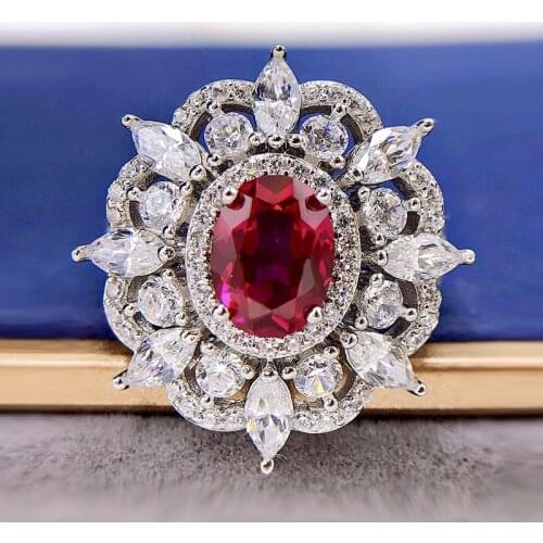 New Solid S925 Sterling Silver Red Corundum Gemstone Retro High Created Moissanite Ring Sparkling Jewelry Party Woman Gift