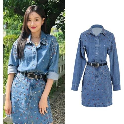 High Quality Denim 2 Piece Set Women 2020 Retro Rivet Lapel Full Denim Shirt +High Waist One Step Jeans Skirt Two Piece Sets