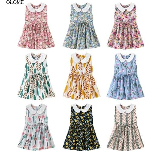 OLOME Summer Sleeveless Floral Girls Dresses Classical Sailor Collar Little Girl Skirts Bohemia Style Kid Girls Light Dresses