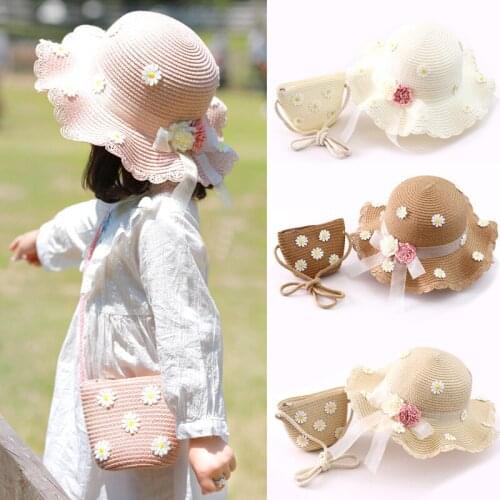 New Summer Girl Straw Hat Bag Set Sun Cap Outdoor Kids Breathable Beach Hats Chrysanthemum Sweet Princess Seaside Panama Hat