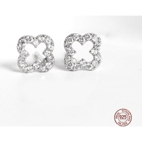 LKO New Arrive Hot S925 Sterling Silver Hollow Clover Ear Studs Shining Zircon Crystal Earrings For Women Girl Jewelry Free Ship