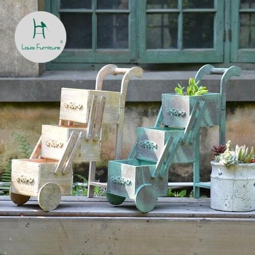 Louis fashion Plant Shelves American Country Solid Mini Flower Frame Trolley Balcony Wooden Fleshy Pot Desktop Receiving Box