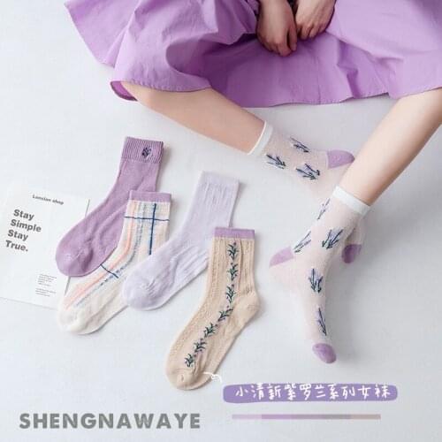 Sweet Spring and Summer New Socks Womens Net Red Purple Line Card Silk Ladies Tube Socks Ins Thin Fashion Cotton Socks